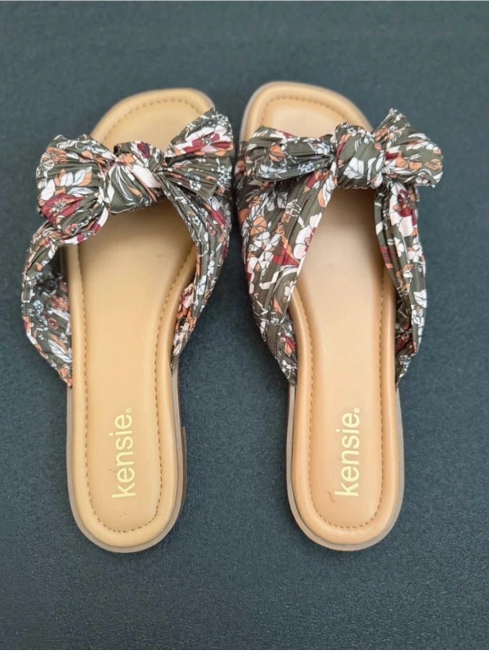 Kensie Olive Floral Knot Slide Sandals with Tan Footbed